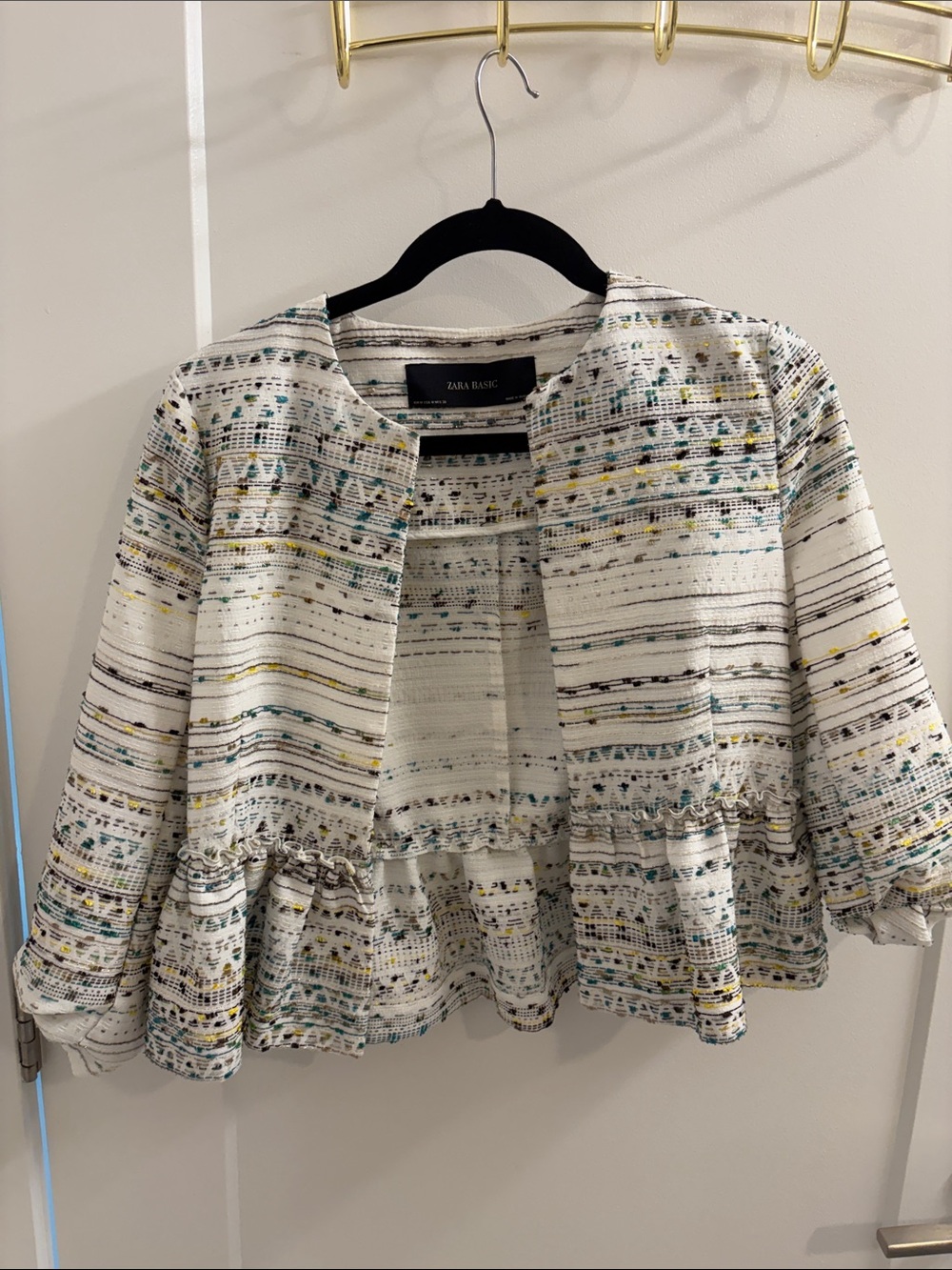Zara White  Peplum Open-Front Jacket with Multicolor Accents
